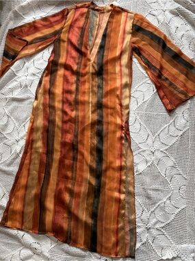 GLISTENING sheer Autumn Stripe Long-Sleeve Midi Dress - Multicolor
